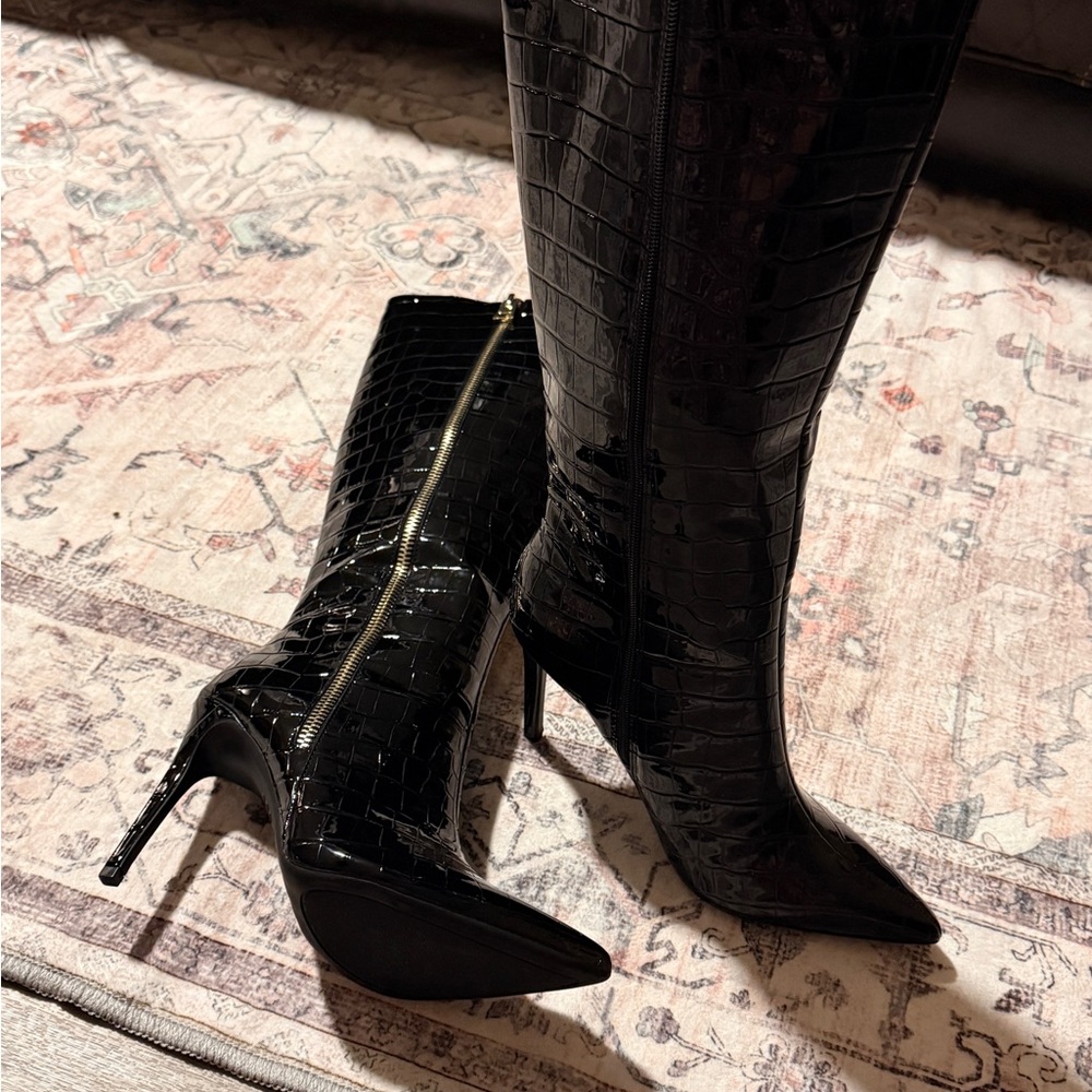 INC International Concepts Black Croc-Patterned Heeled Boots